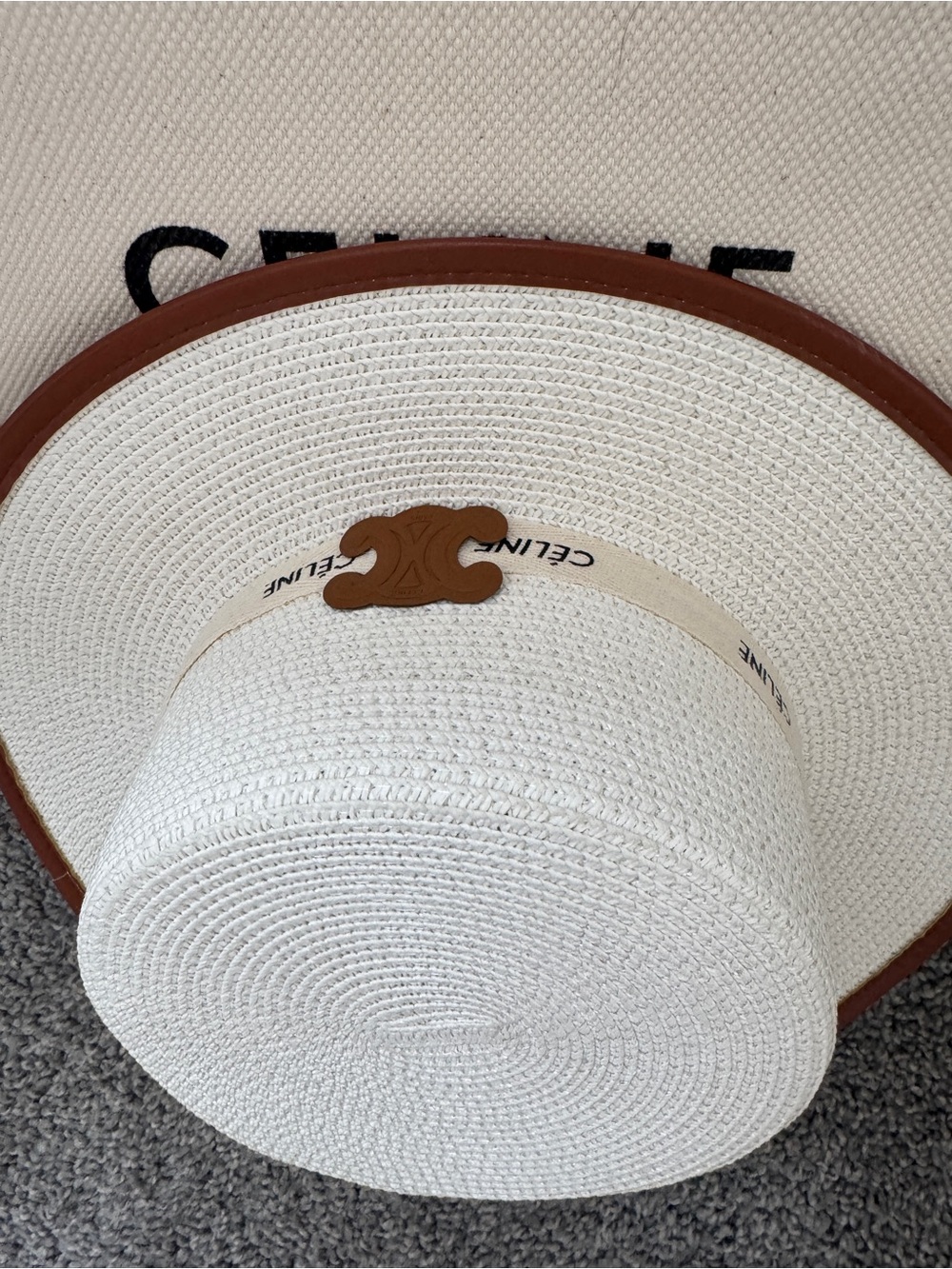Celine Straw Hat with Tan  Trim and Logo - Picture 4 of 12